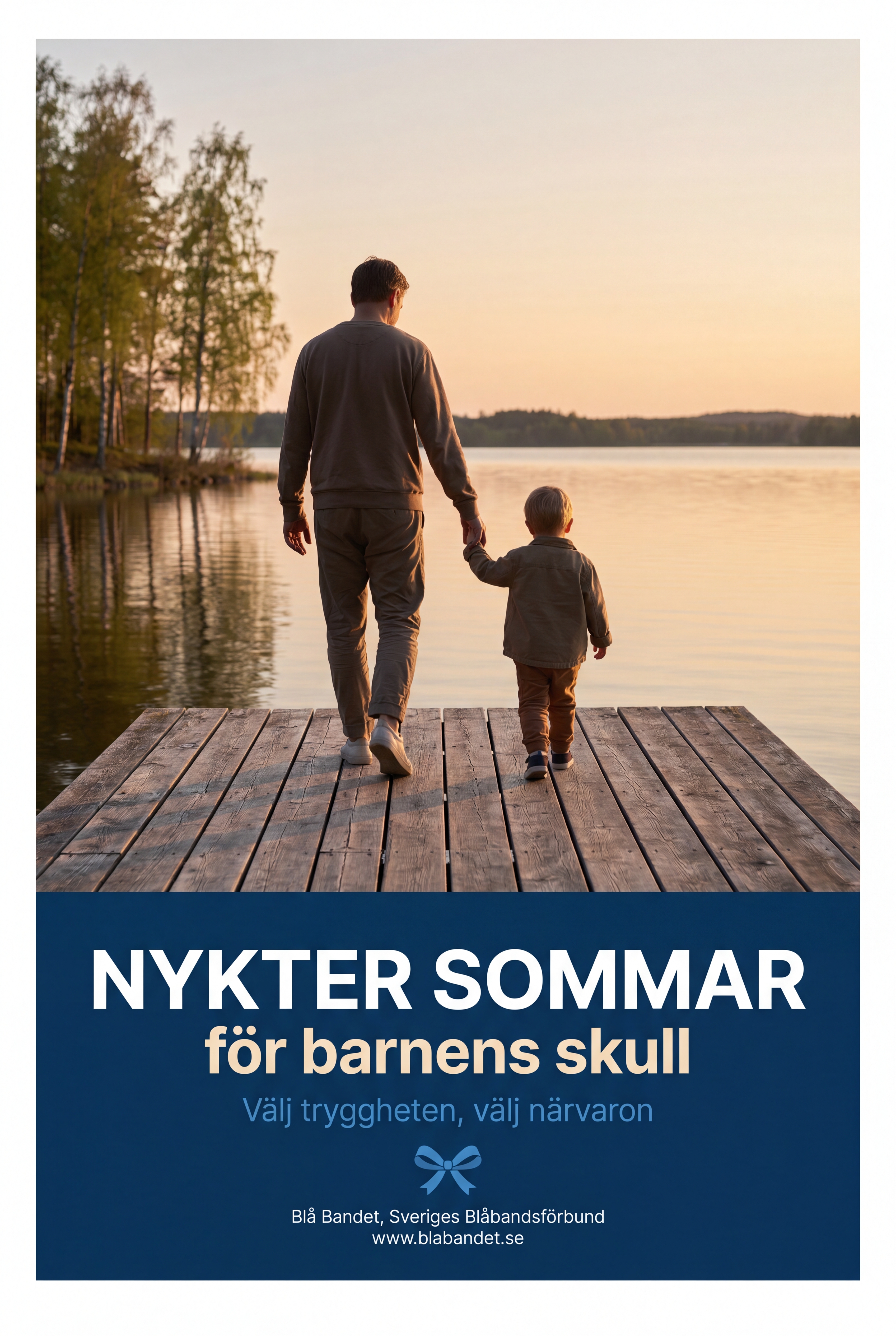 Tryckaffisch, far och barn på brygga