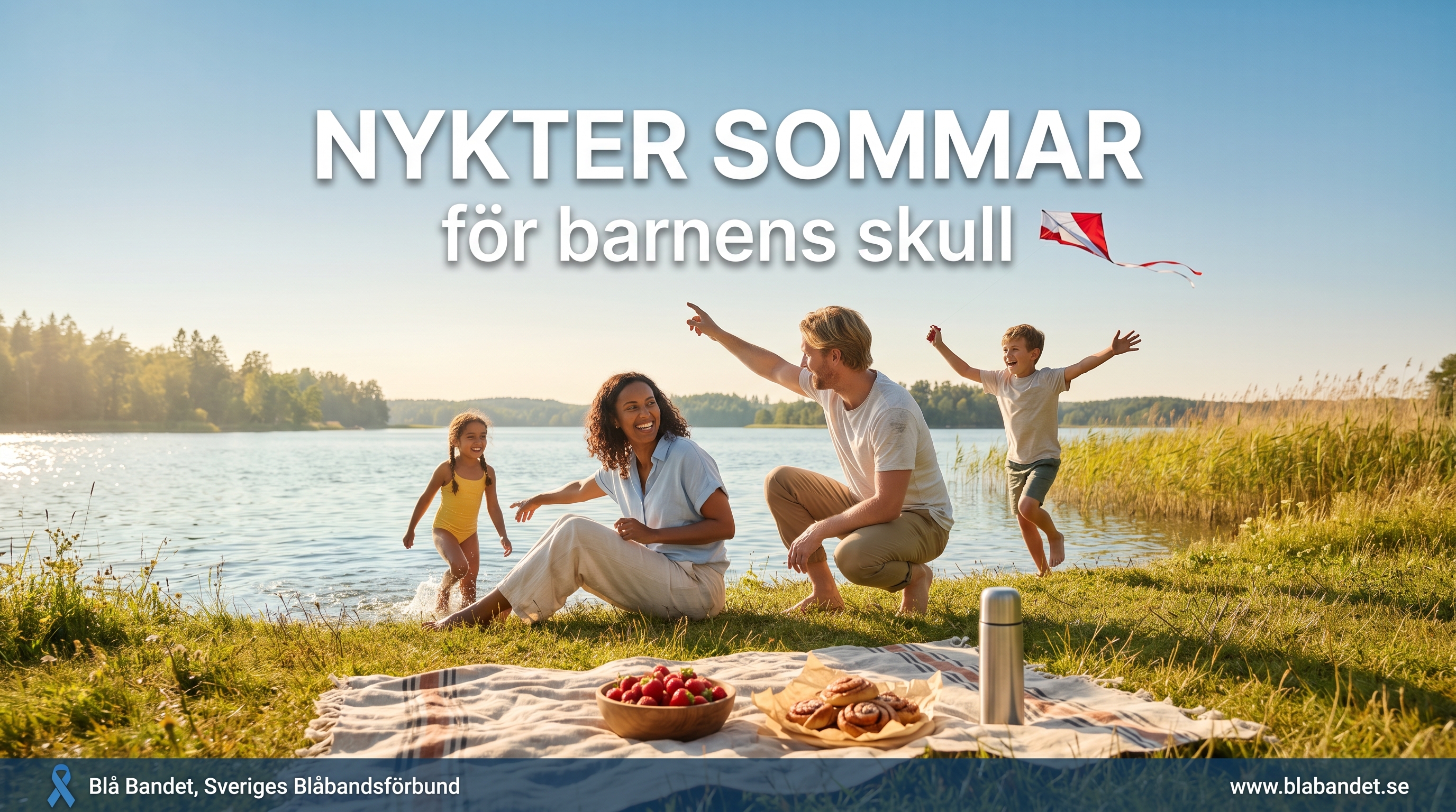 Picknick vid sjön med drake